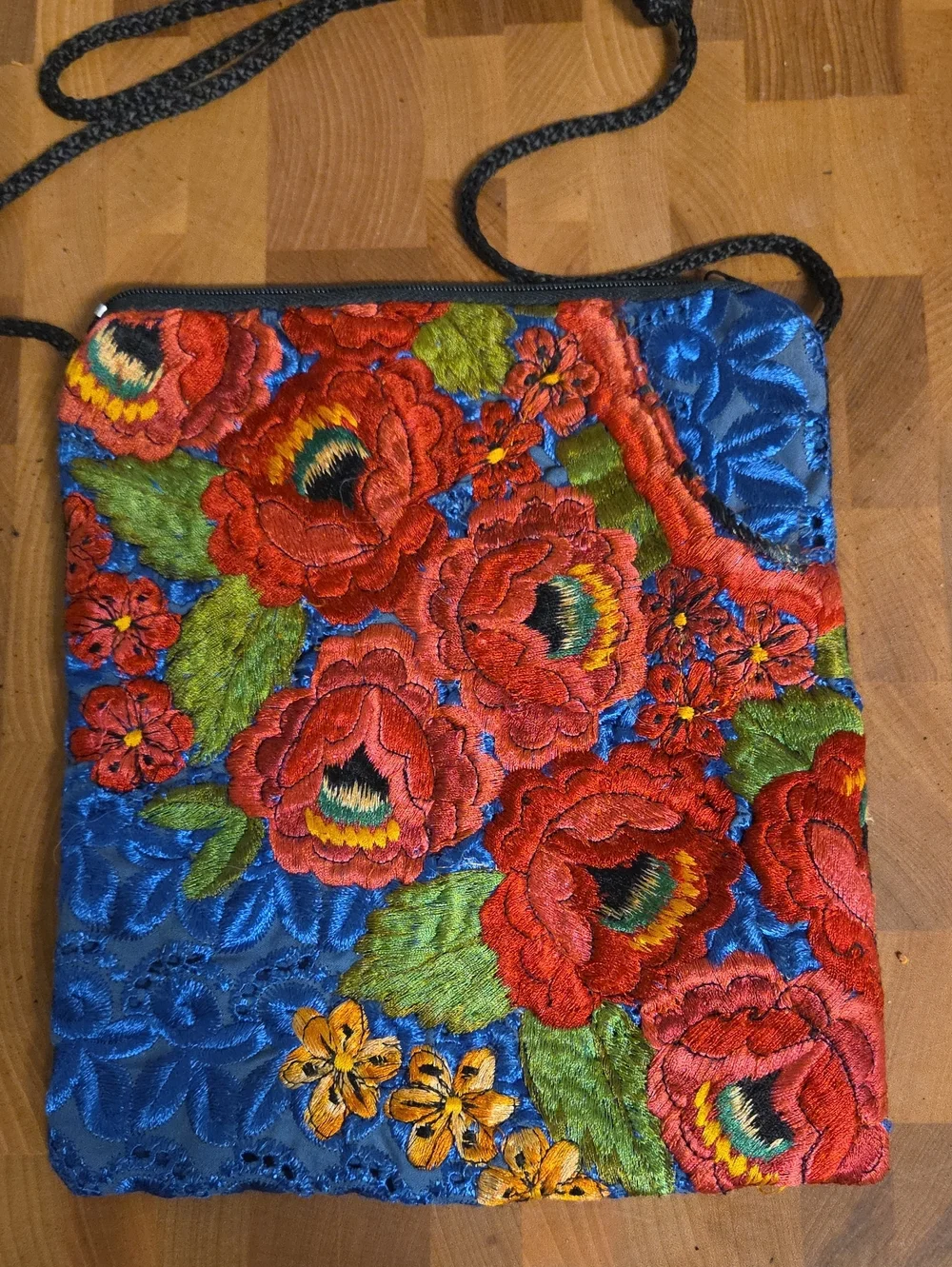 Embroidered Red Floral Crossbody Bag on Blue Satin